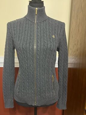 Lauren Ralph Lauren grey full zipper cable knit turtleneck cardigan sweater